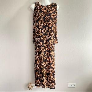 Vintage Floral Coord Rayon Midi Dress Tan Brown Black